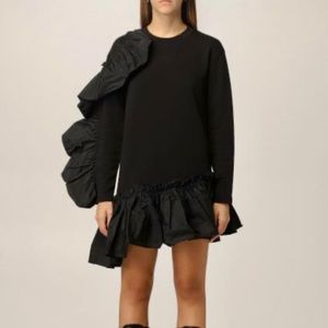 Red Valentino Sweatshirt Dress with taffeta ruffle detail.
